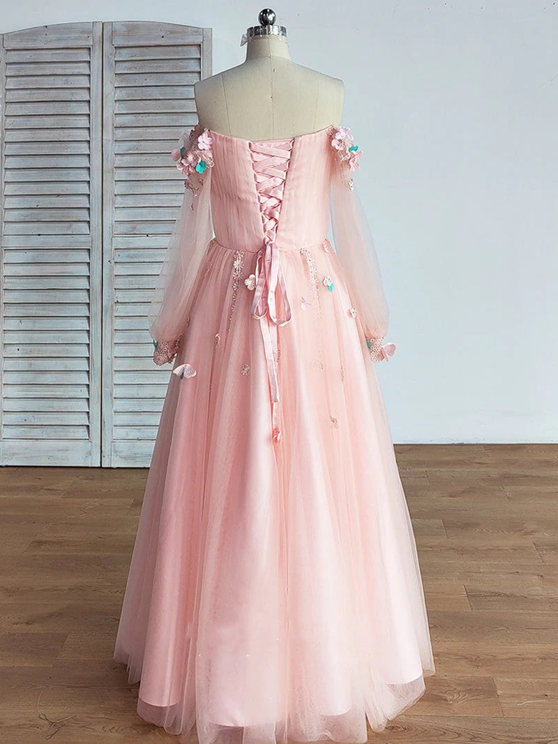 Pearl Pink Long Sleeve Ball Gown Off the Shoulder Tulle Long Floral Fairy Prom Dresses