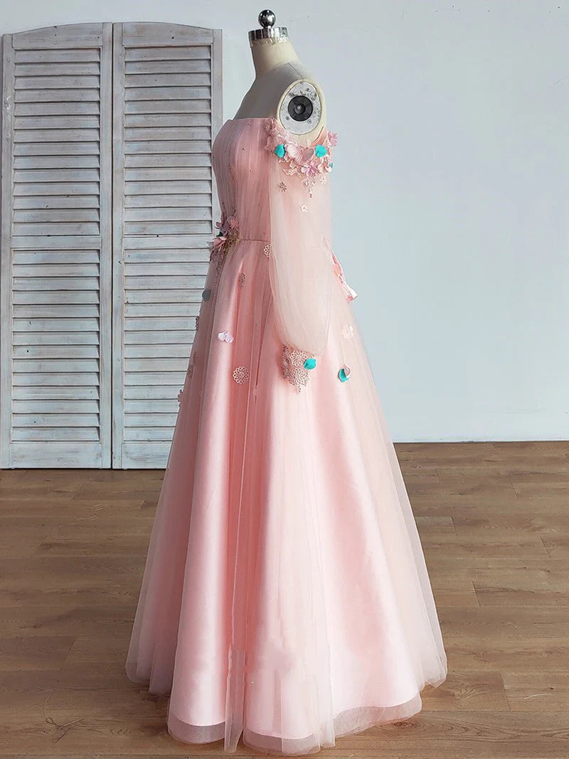 Pearl Pink Long Sleeve Ball Gown Off the Shoulder Tulle Long Floral Fairy Prom Dresses