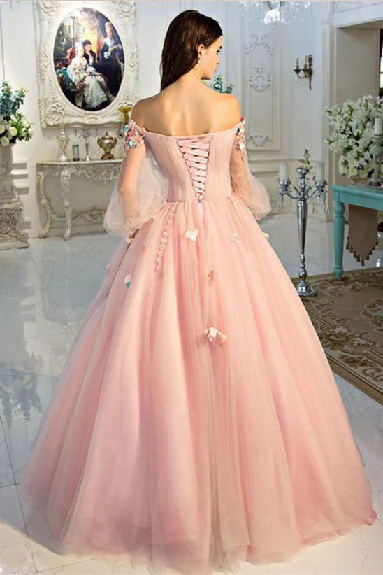 Pearl Pink Long Sleeve Ball Gown Off the Shoulder Tulle Long Floral Fairy Prom Dresses