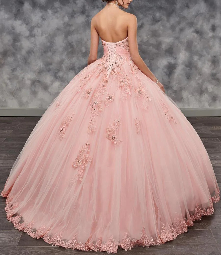 Pink Strapless Lace Applique Beads Ball Gown Quinceanera Dress