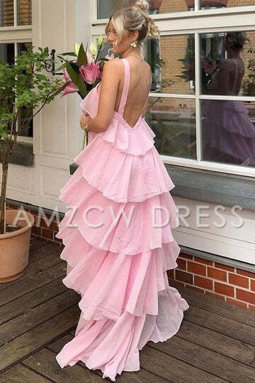 Vestido de fiesta formal largo sin mangas con capas de gasa rosa de Amzcw