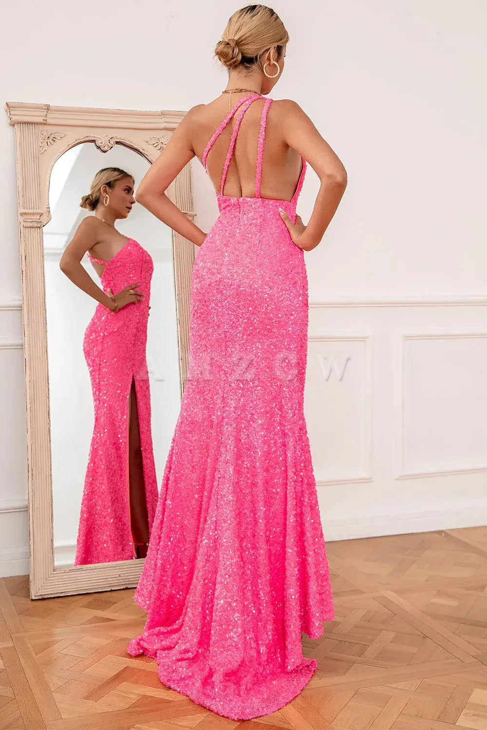 Amzcw Pink Mermaid One Shoulder Sequin Prom Dress gowns evening dresses prom dress in store