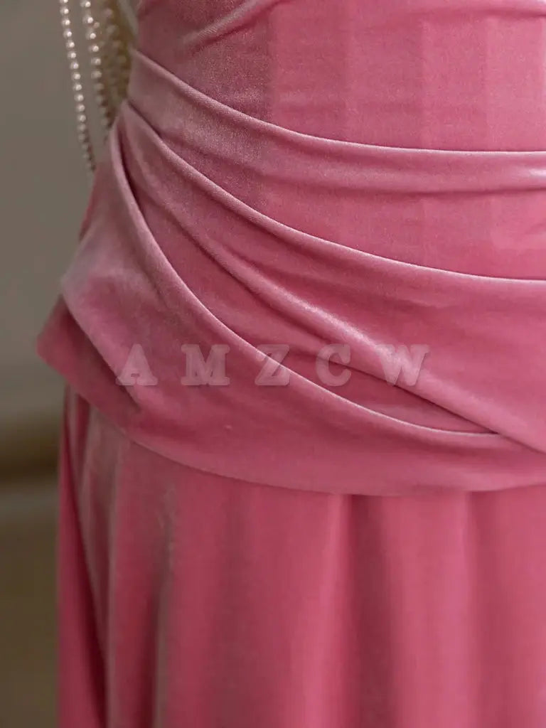 Amzcw Pink Mermaid Velvet Beads Long Prom Dress Pink Long Formal Dress prom dress in store 