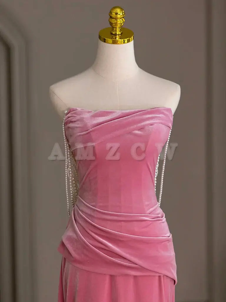 Amzcw Pink Mermaid Velvet Beads Long Prom Dress Pink Long Formal Dress prom dress in store 