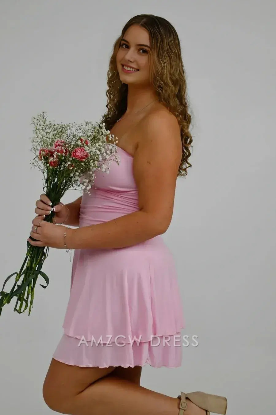 Amzcw Elegant Pink Satin A-Line Empire Strapless Tiered Homecoming Dress formal wear dresses
