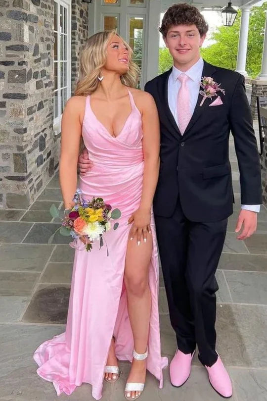 Vestido largo de fiesta formal Amzcw de satén rosa con escote en V, plisado, abertura lateral, sin mangas