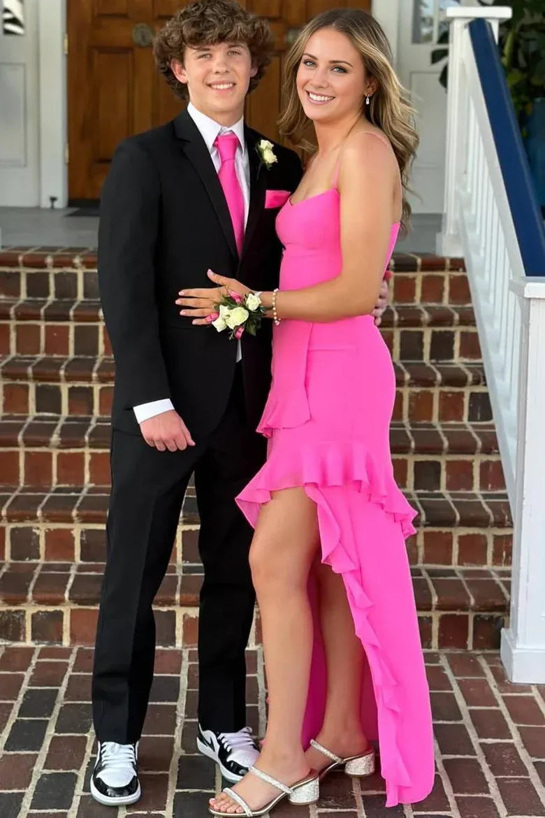 Vestido de fiesta largo con volantes y tirantes finos en color rosa de Amzcw