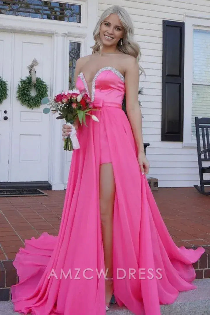 Amzcw Pink Strapless A-Line Beads Empire-Waist Chiffon Prom Dress with Slit formal wear dresses