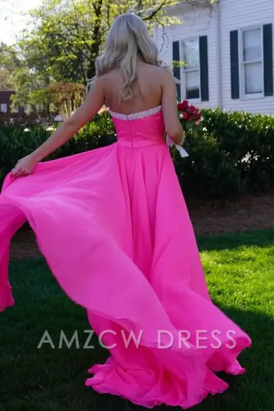 Amzcw Pink Strapless A-Line Beads Empire-Waist Chiffon Prom Dress with Slit formal wear dresses