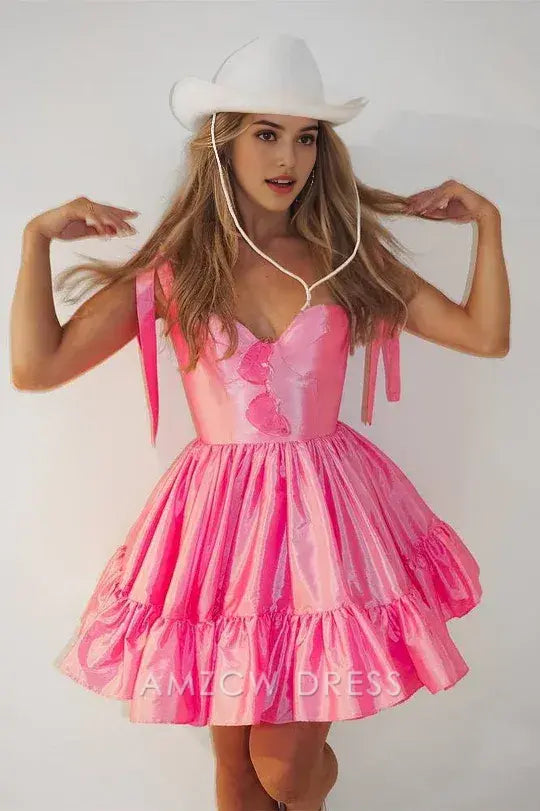 Amzcw Elegant Pink Sweetheart Bow Strap A-Line Homecoming Dress formal wear dresses