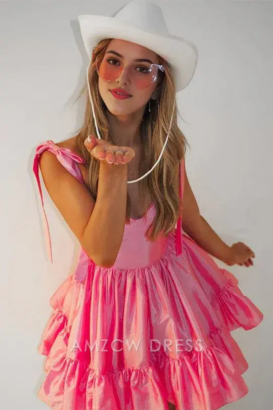 Amzcw Elegant Pink Sweetheart Bow Strap A-Line Homecoming Dress formal wear dresses