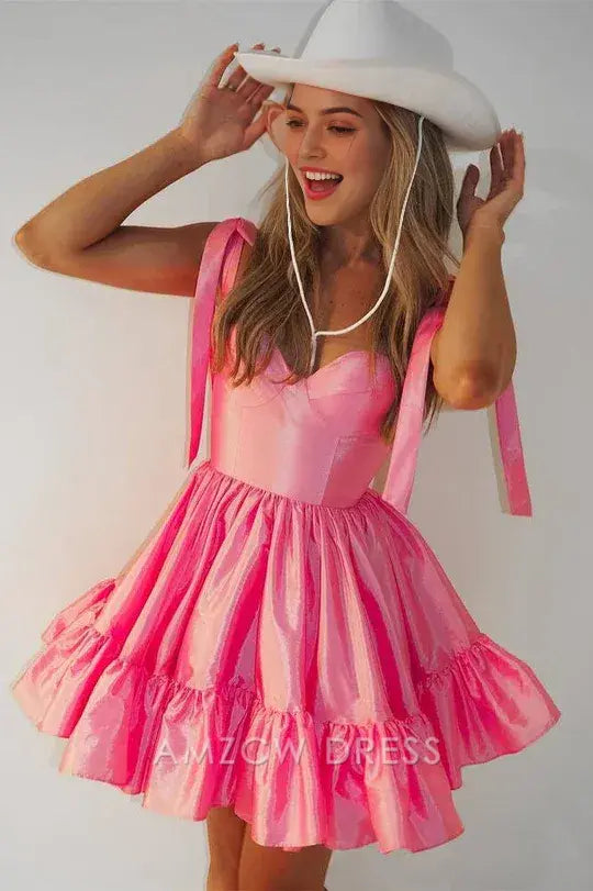 Amzcw Elegant Pink Sweetheart Bow Strap A-Line Homecoming Dress formal wear dresses