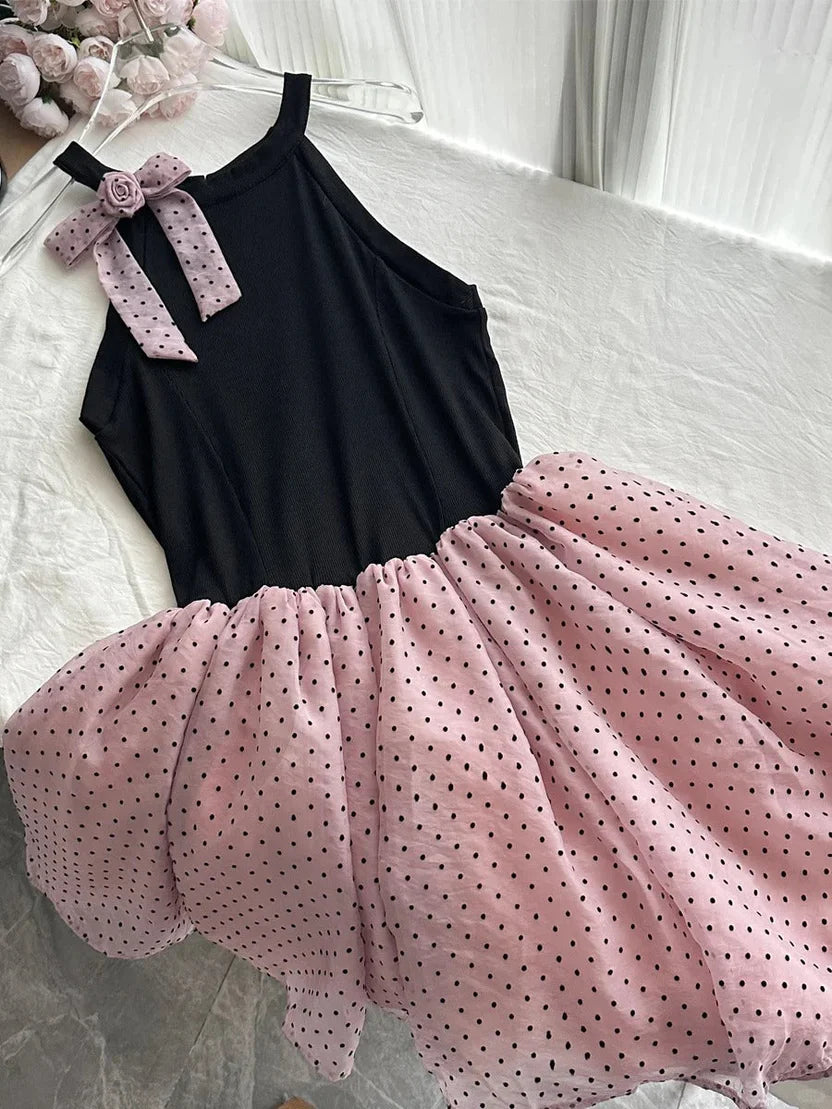 Playful A Line Halter Neck Keyhole Back Polka Dot Tulle Short Homecoming Dress with Bow Accent for Formal Events