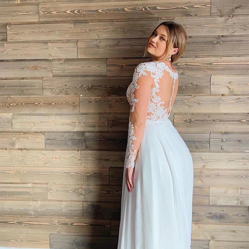 Vestido de novia de talla grande, corte A, manga larga, gasa, escote en V, apliques