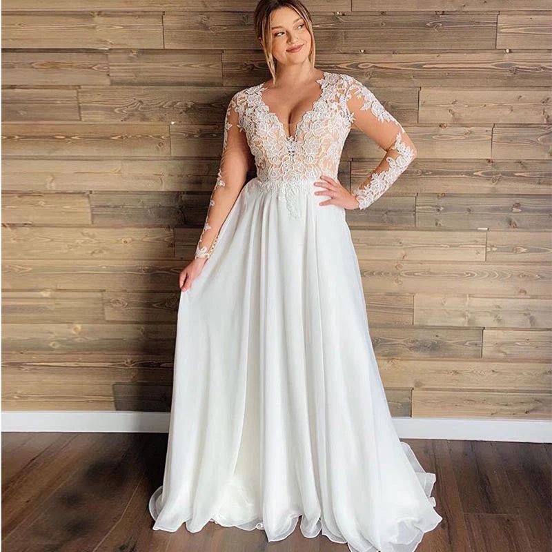 Vestido de novia de talla grande, corte A, manga larga, gasa, escote en V, apliques