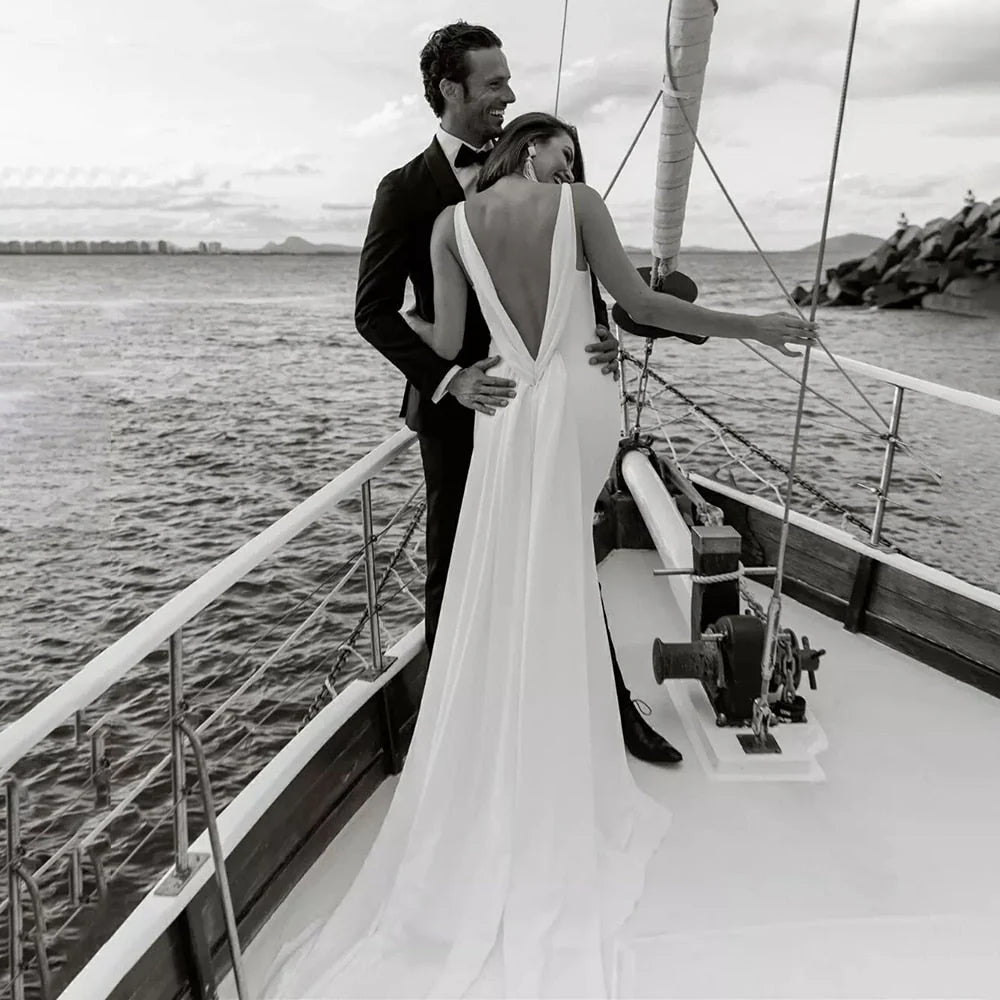 Vestidos de novia de satén con escote en V y espalda drapeada desmontable, de talla grande