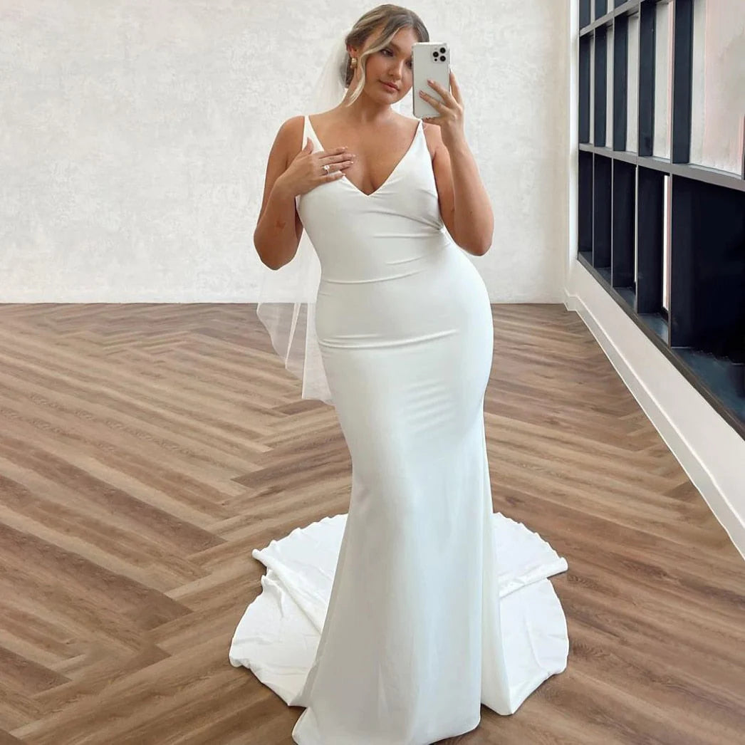 Vestidos de novia de satén con escote en V y espalda drapeada desmontable, de talla grande