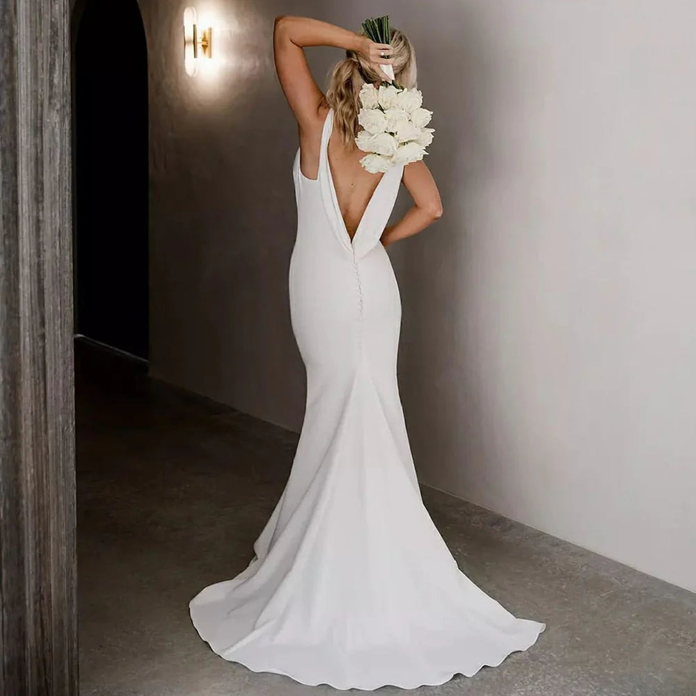 Vestidos de novia de satén con escote en V y espalda drapeada desmontable, de talla grande