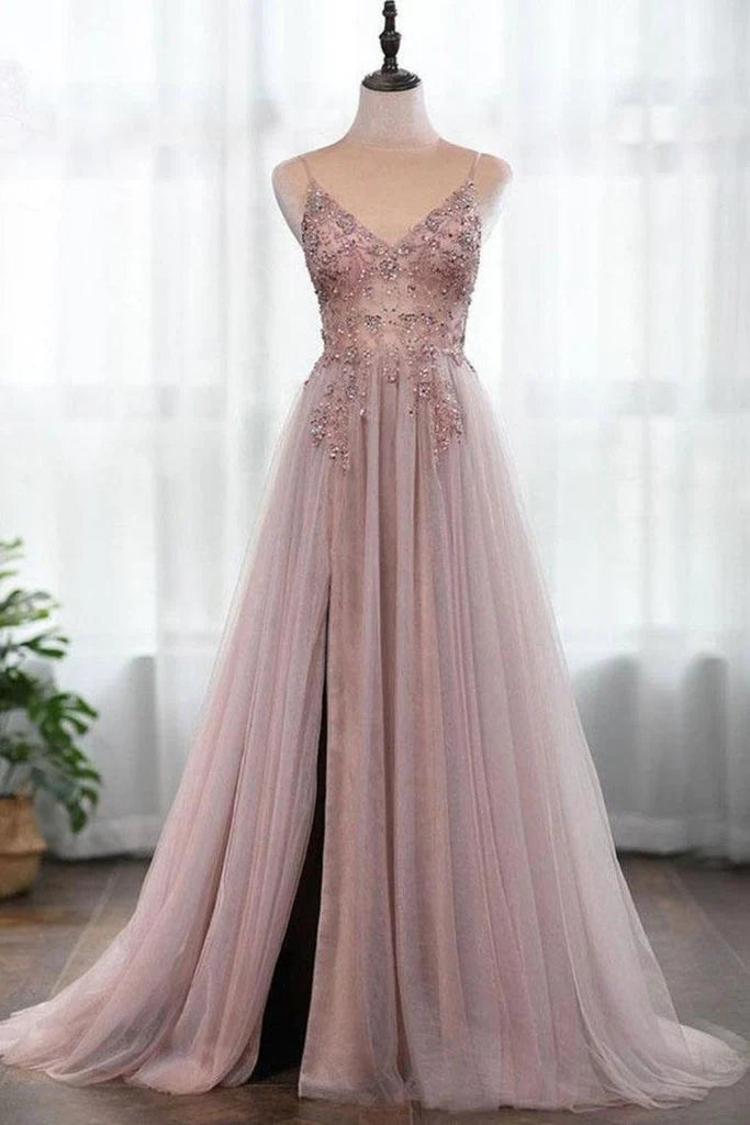 Hermosos vestidos de fiesta de tul con escote en V, tirantes finos y corte A de talla grande con cuentas