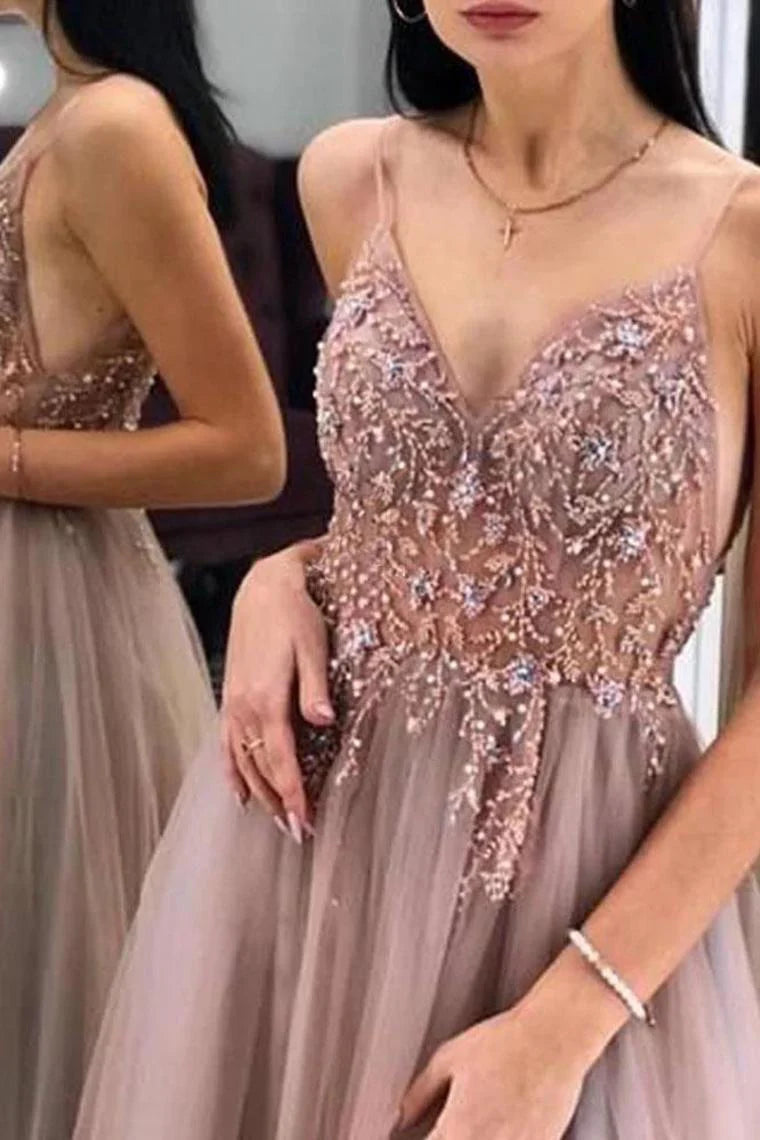 Hermosos vestidos de fiesta de tul con escote en V, tirantes finos y corte A de talla grande con cuentas
