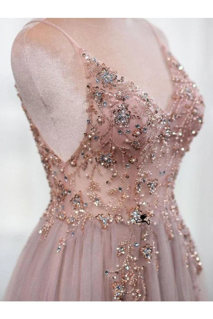 Hermosos vestidos de fiesta de tul con escote en V, tirantes finos y corte A de talla grande con cuentas