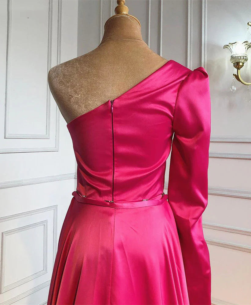 Plus Size One Shoulder Ruched Bodice Sheath Satin Prom Dresses