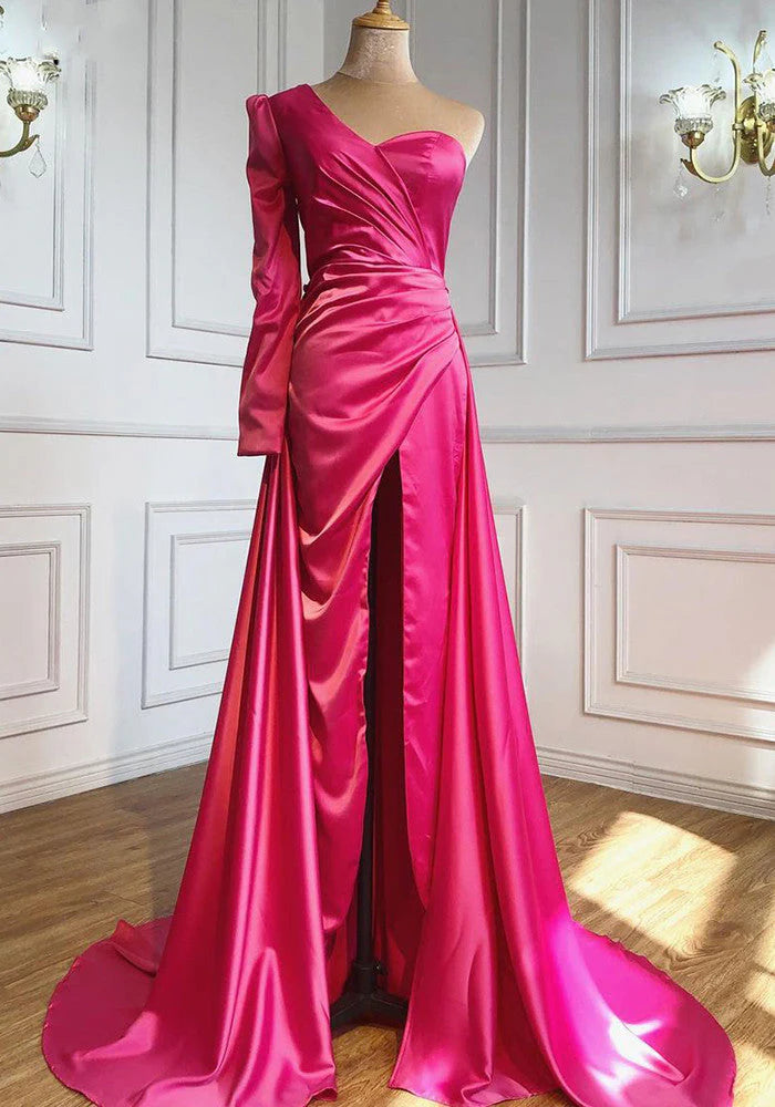 Plus Size One Shoulder Ruched Bodice Sheath Satin Prom Dresses
