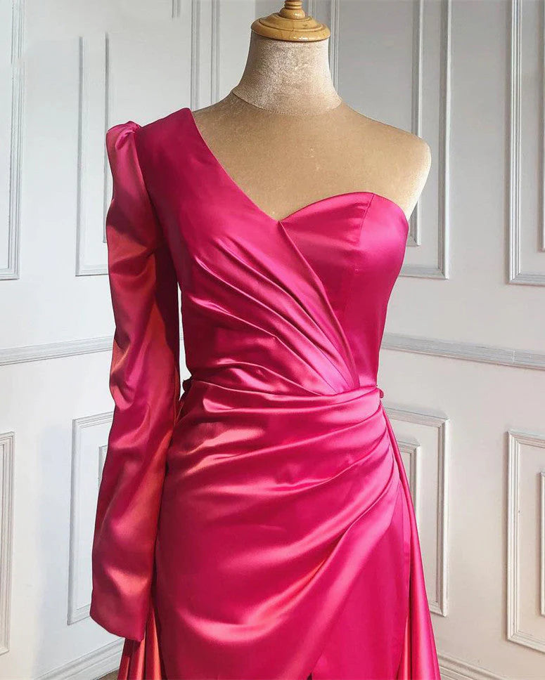 Plus Size One Shoulder Ruched Bodice Sheath Satin Prom Dresses
