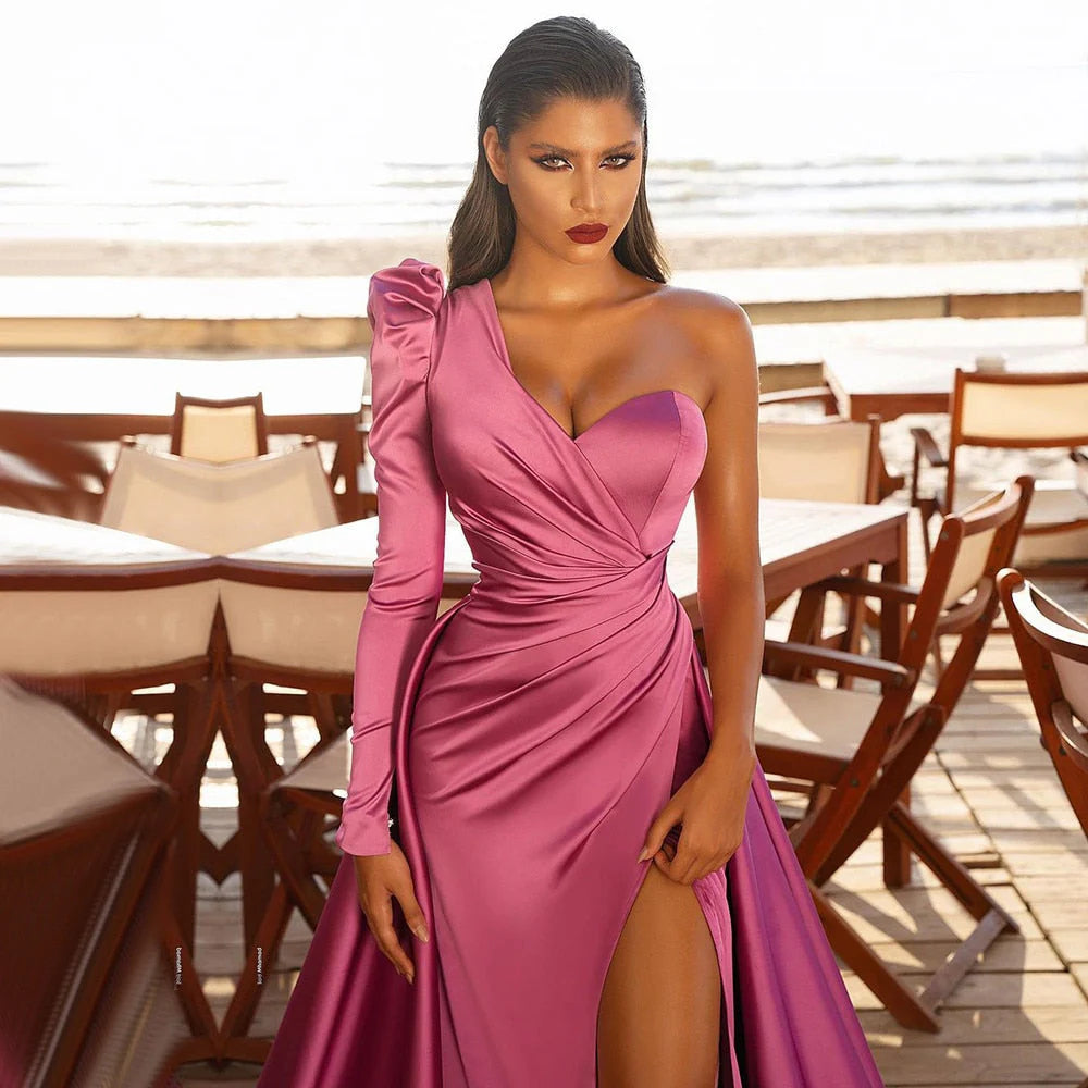 Plus Size One Shoulder Ruched Bodice Sheath Satin Prom Dresses