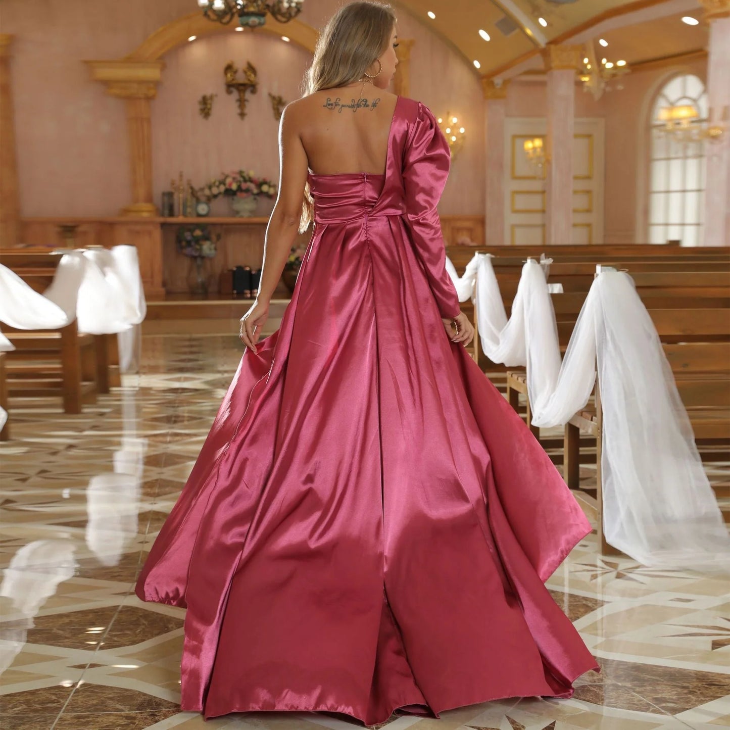 Plus Size One Shoulder Ruched Bodice Sheath Satin Prom Dresses