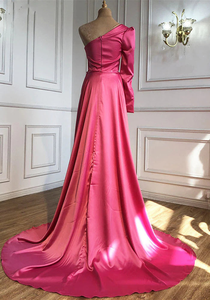 Plus Size One Shoulder Ruched Bodice Sheath Satin Prom Dresses