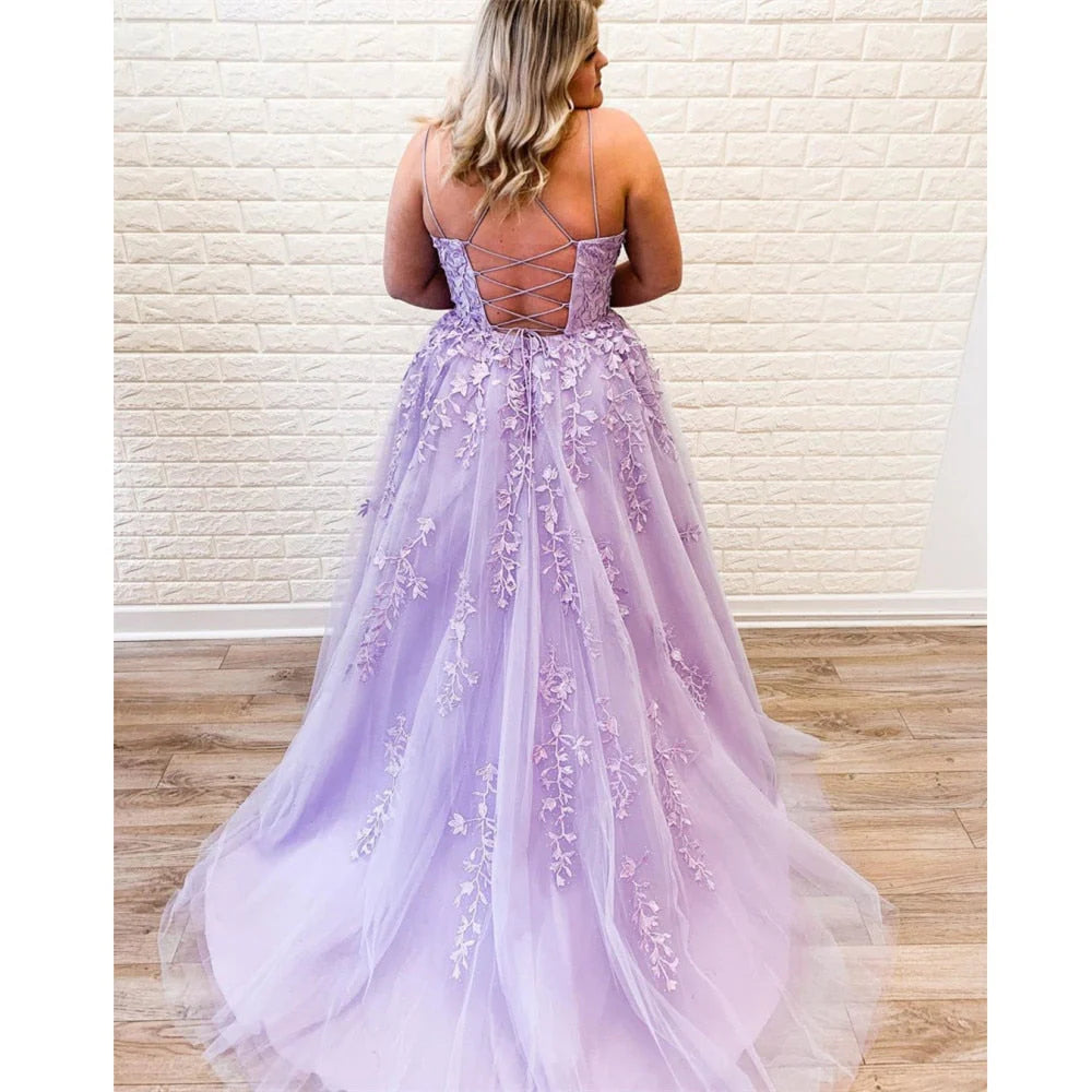 Vestidos de fiesta largos con escote en A, tirantes finos, espalda descubierta y apliques