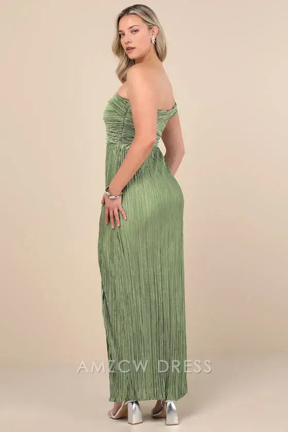 Vestido largo verde oliva plisado de un solo hombro, elegante y elegante, de Amzcw, para ocasiones formales