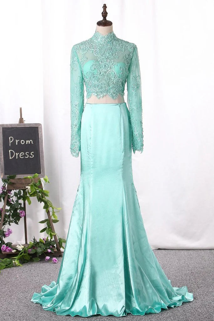 Bonito vestido de fiesta de dos piezas con cuello alto y manga larga de encaje, vestidos de fiesta de sirena sexys.