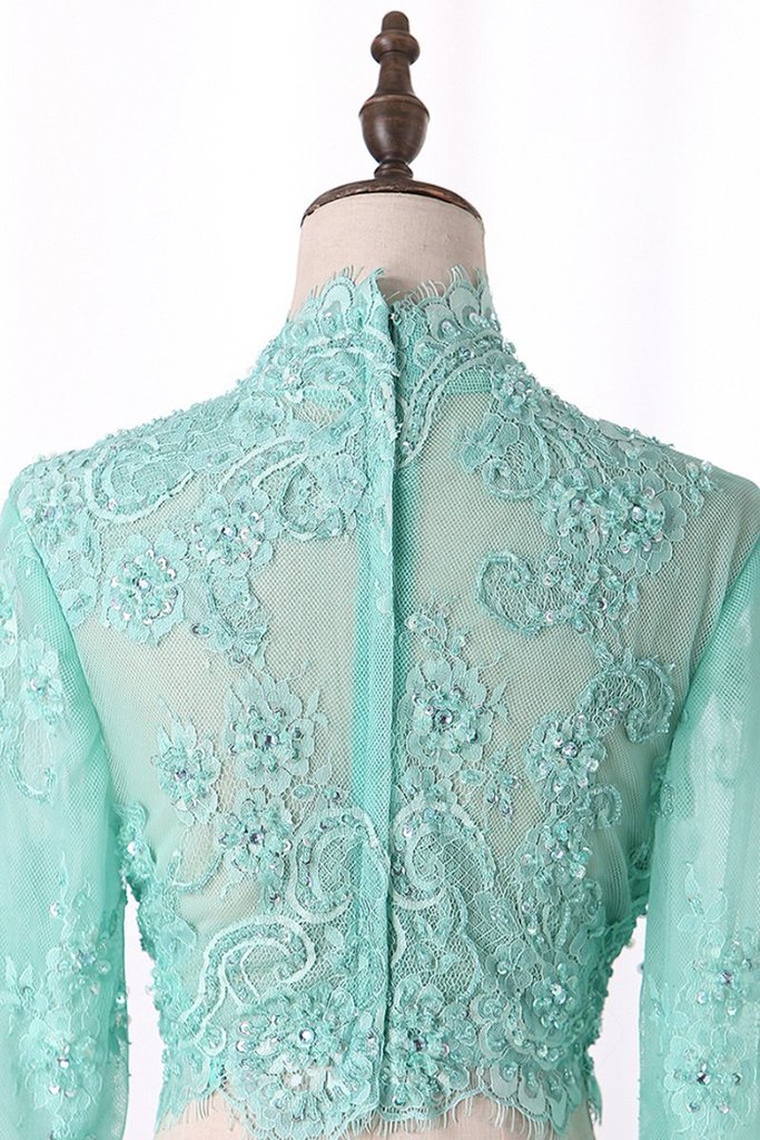 Bonito vestido de fiesta de dos piezas con cuello alto y manga larga de encaje, vestidos de fiesta de sirena sexys.