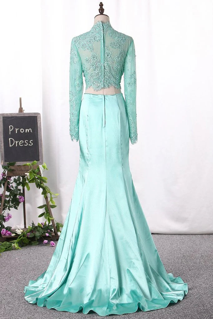 Bonito vestido de fiesta de dos piezas con cuello alto y manga larga de encaje, vestidos de fiesta de sirena sexys.