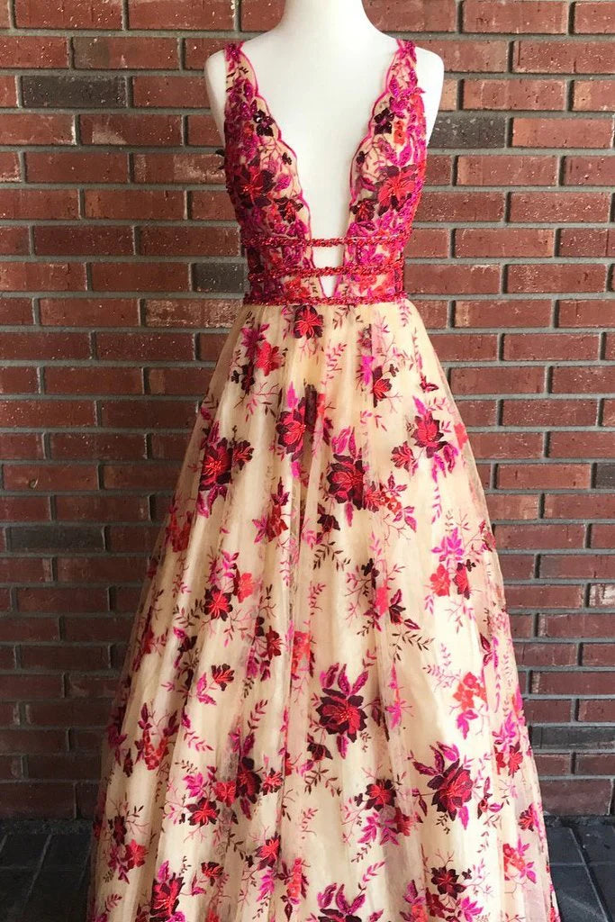Vestidos de fiesta largos, sexys, con encaje, escote en V, rojos y florales, vestidos de noche sencillos.