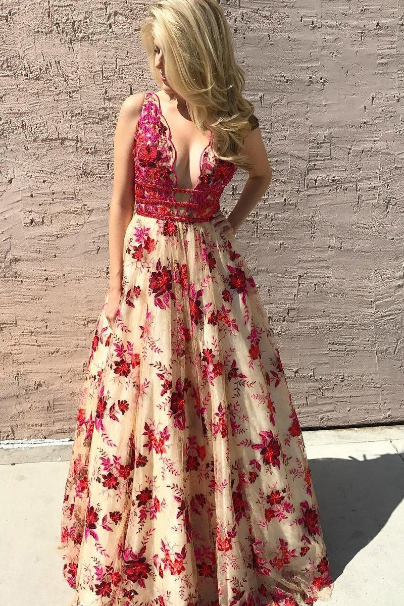 Vestidos de fiesta largos, sexys, con encaje, escote en V, rojos y florales, vestidos de noche sencillos.