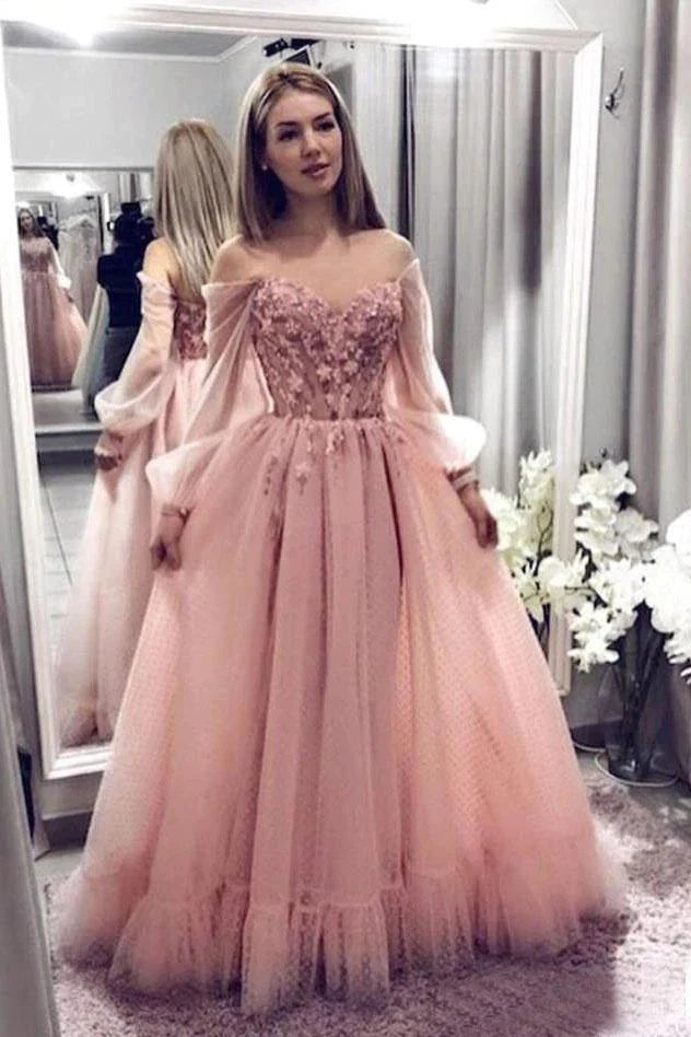 Vestido de fiesta de princesa con hombros descubiertos y encaje rosa ruborizado con mangas largas