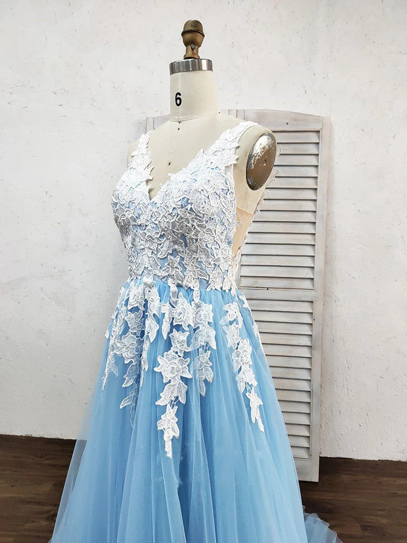 Prom Dress Tulle A-Line V-Neck Sweep Train With Appliques