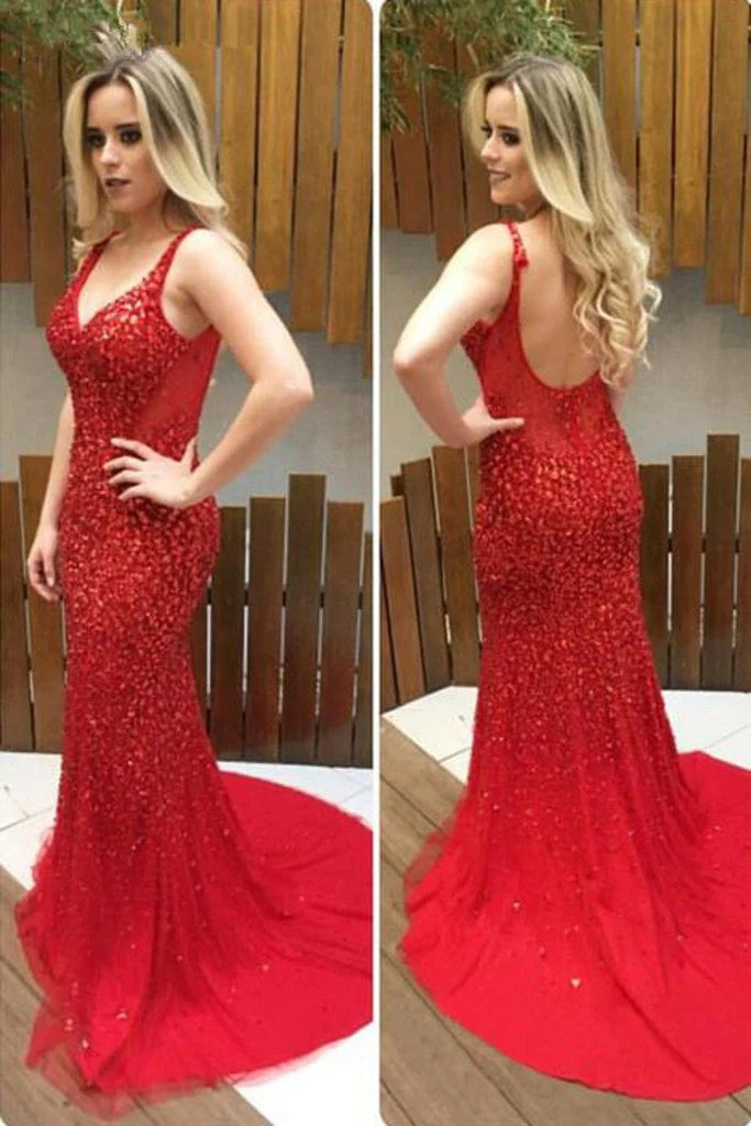 Vestidos de fiesta con tirantes de tul, cuentas y pedrería, corte sirena