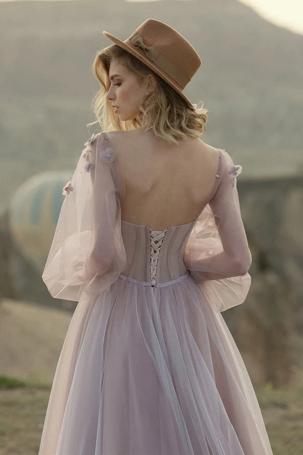 Vestidos de fiesta de tul con escote corazón y flores hechas a mano con cordones