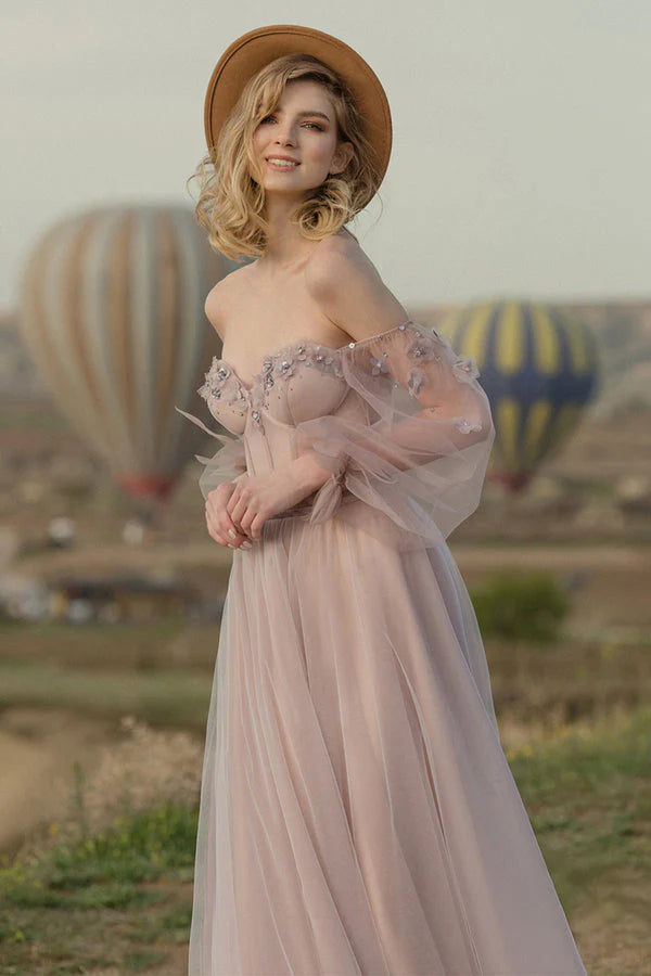 Vestidos de fiesta de tul con escote corazón y flores hechas a mano con cordones
