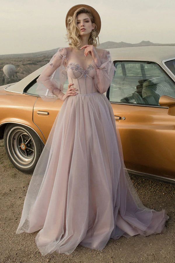 Vestidos de fiesta de tul con escote corazón y flores hechas a mano con cordones