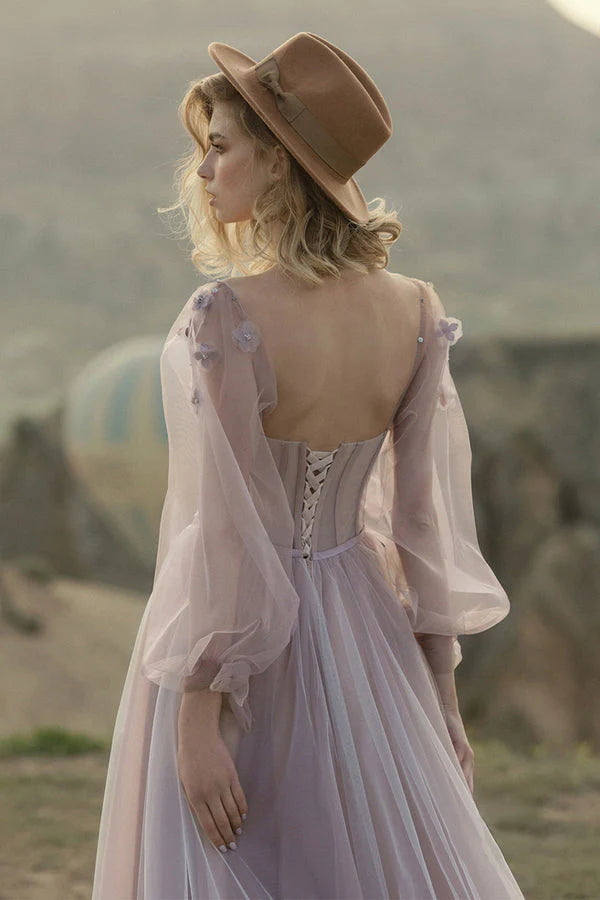 Vestidos de fiesta de tul con escote corazón y flores hechas a mano con cordones