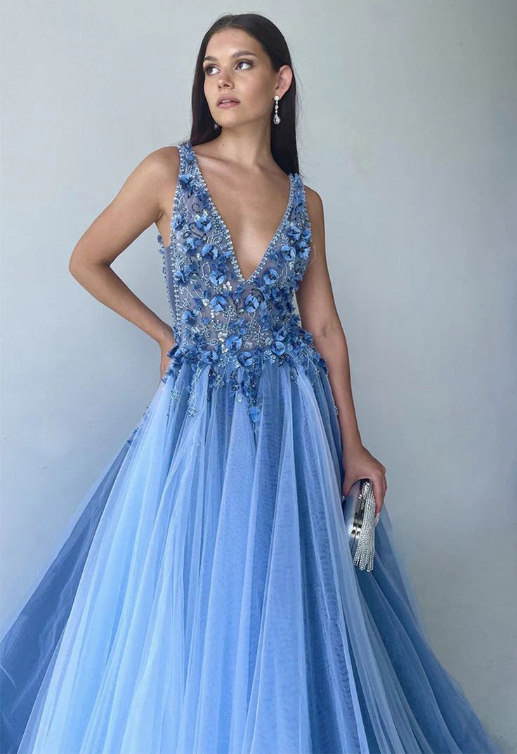 Vestidos de fiesta con escote en V, tul con cuentas, corte A