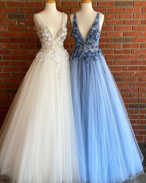 Vestidos de fiesta con escote en V, tul con cuentas, corte A