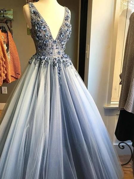 Vestidos de fiesta con escote en V, tul con cuentas, corte A