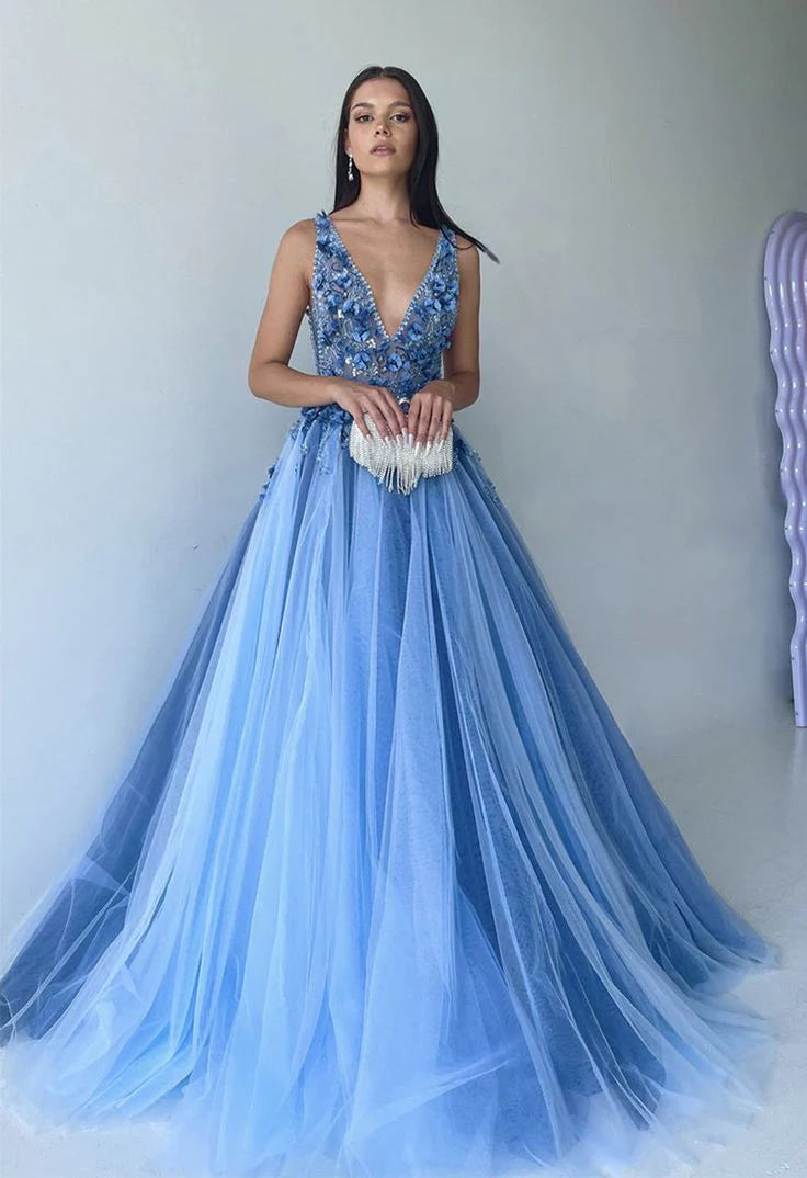 Vestidos de fiesta con escote en V, tul con cuentas, corte A