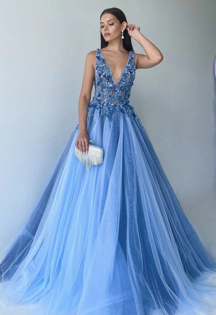Vestidos de fiesta con escote en V, tul con cuentas, corte A
